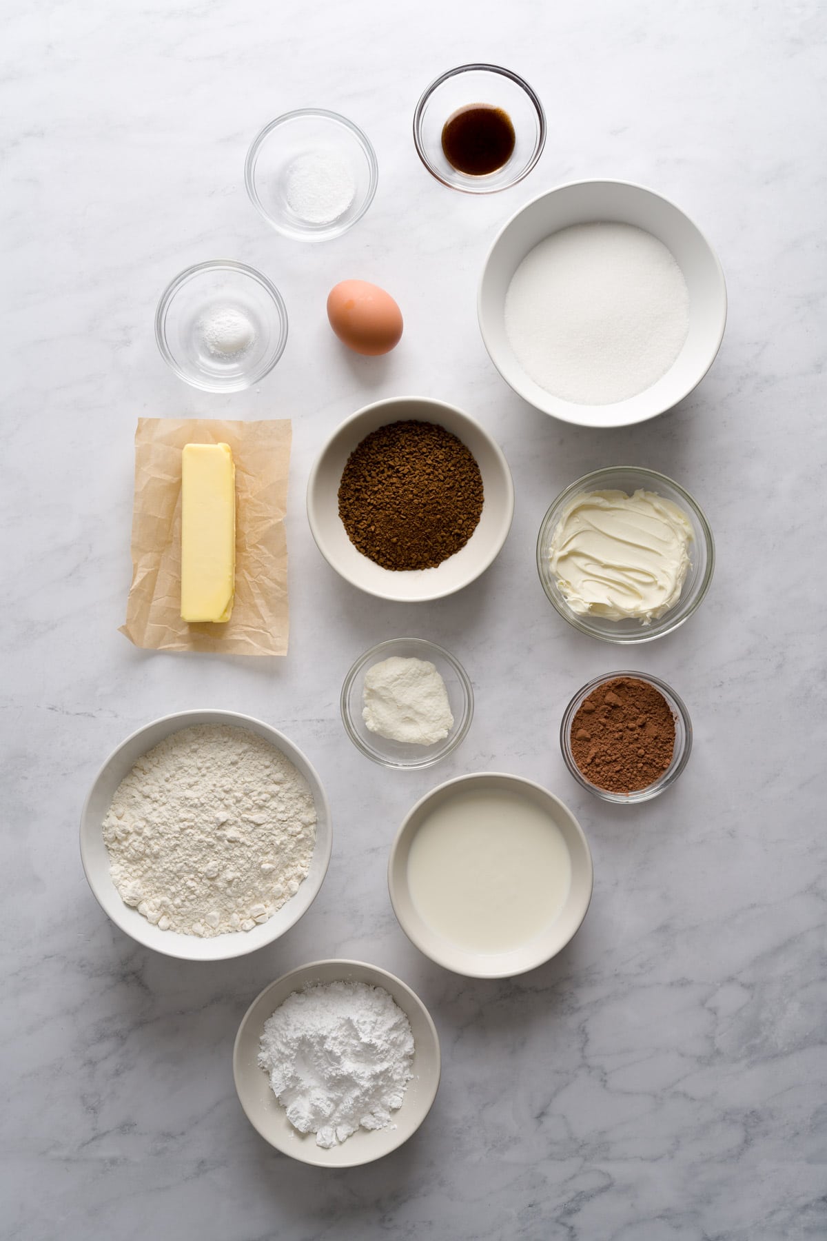 Ingredients laid out for tiramisu cookies with mascarpone frosting.