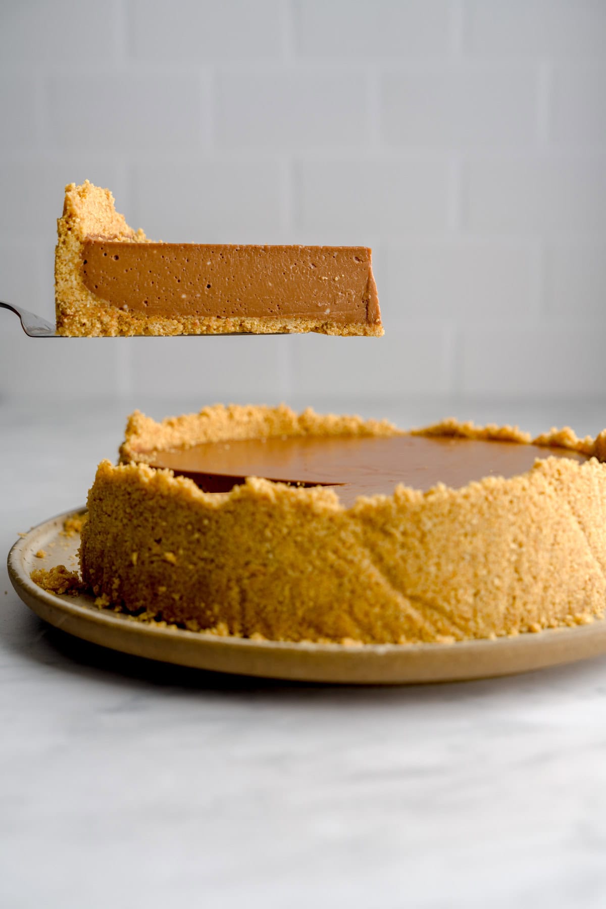 Close up shot of no bake Nutella cheesecake.