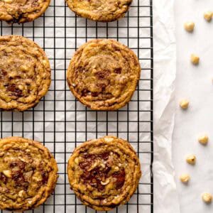 Brown butter cookies with dark chocolate chunks and hazelnuts.