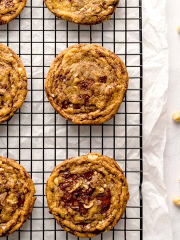Brown butter cookies with dark chocolate chunks and hazelnuts.