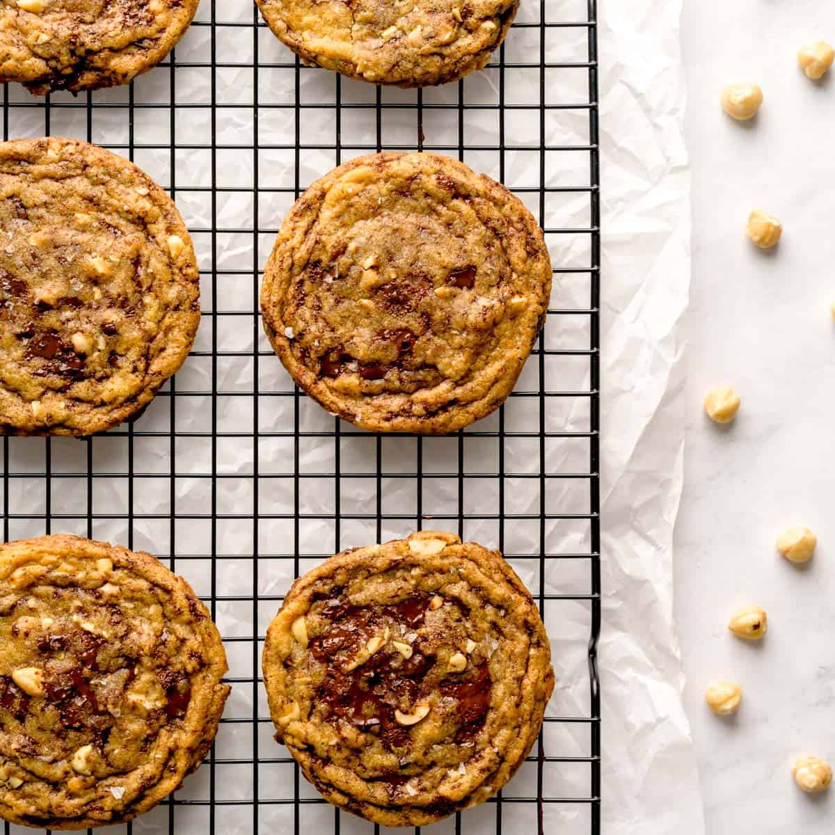 Chewy dark chocolate brown butter cookies with toasted hazelnuts cooling on a wire rack with scatter