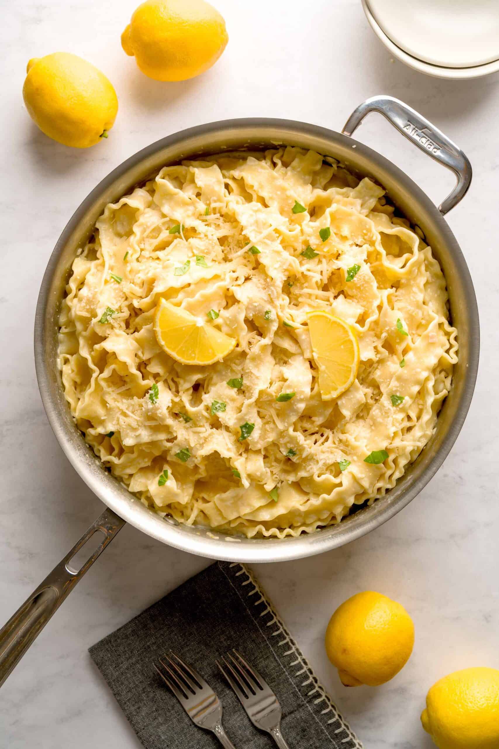 Pan of pasta al limone with cream and parmesan.