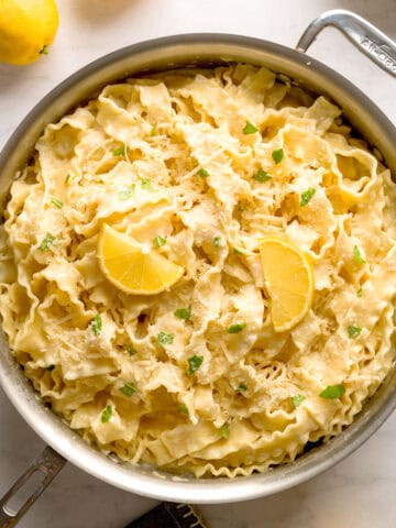Creamy lemon pasta with basil and parmesan cheese.