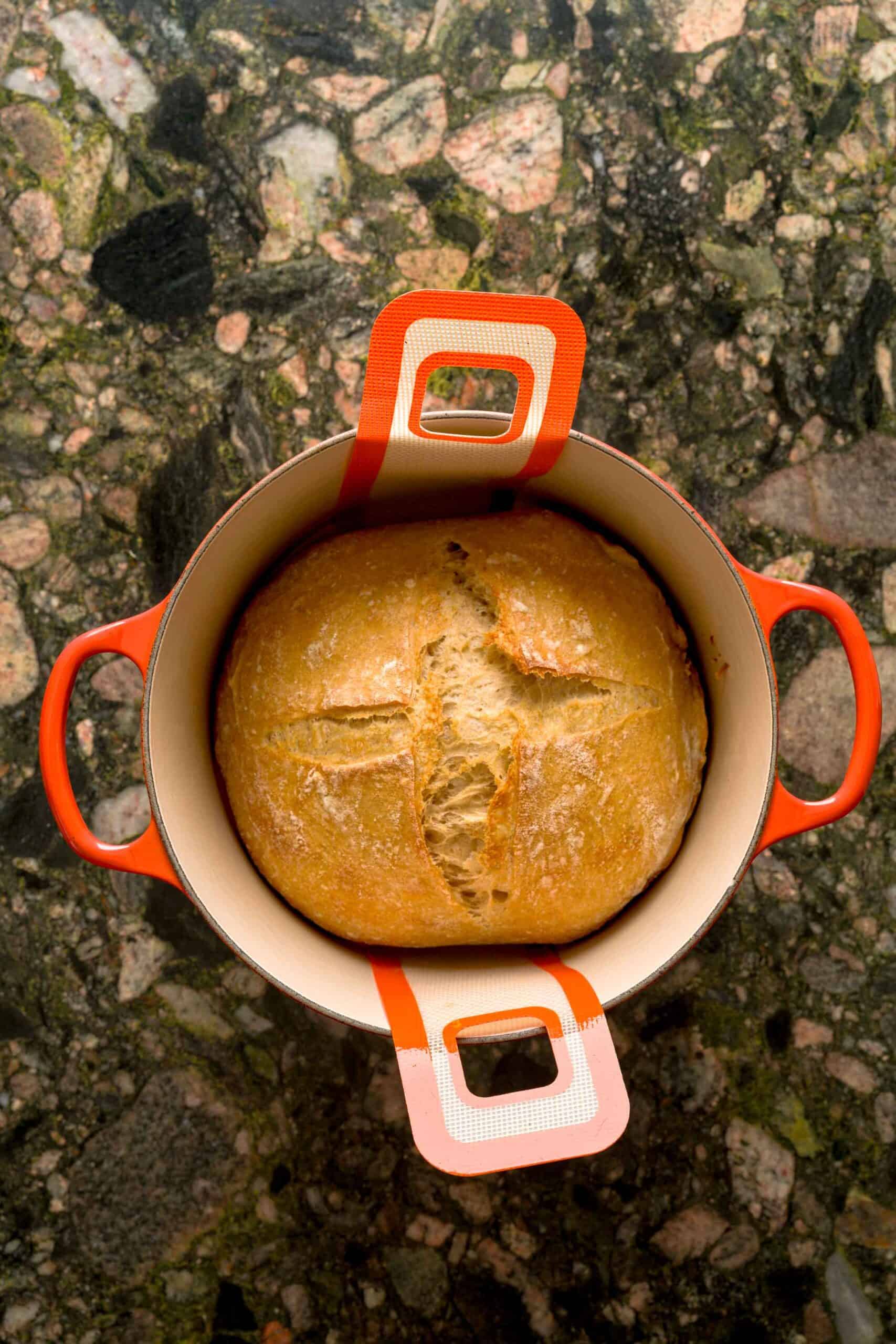 Uncovered loaf of an artisan homemade loaf inside a Dutch oven atop a silicone sling.
