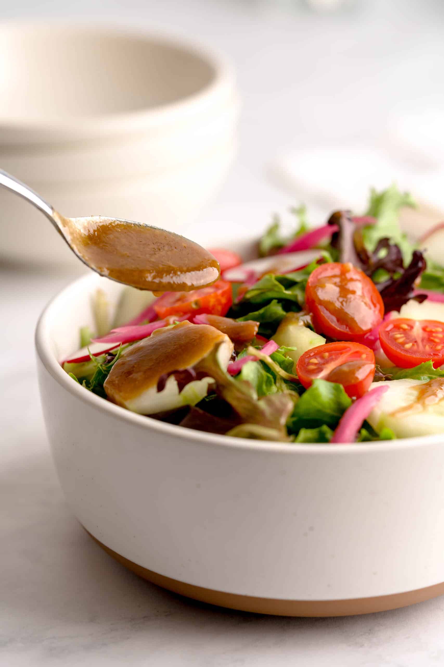 Balsamic garlic vinaigrette over salad.