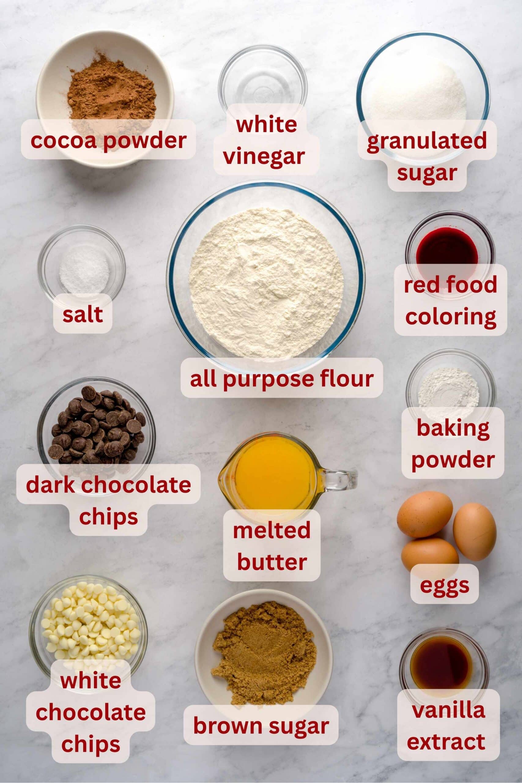 Ingredients for red velvet triple chocolate biscotti