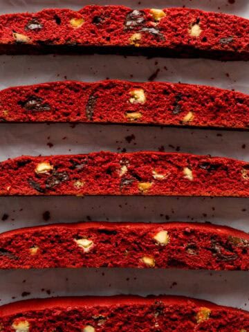 Close up shot of red velvet Italian biscotti