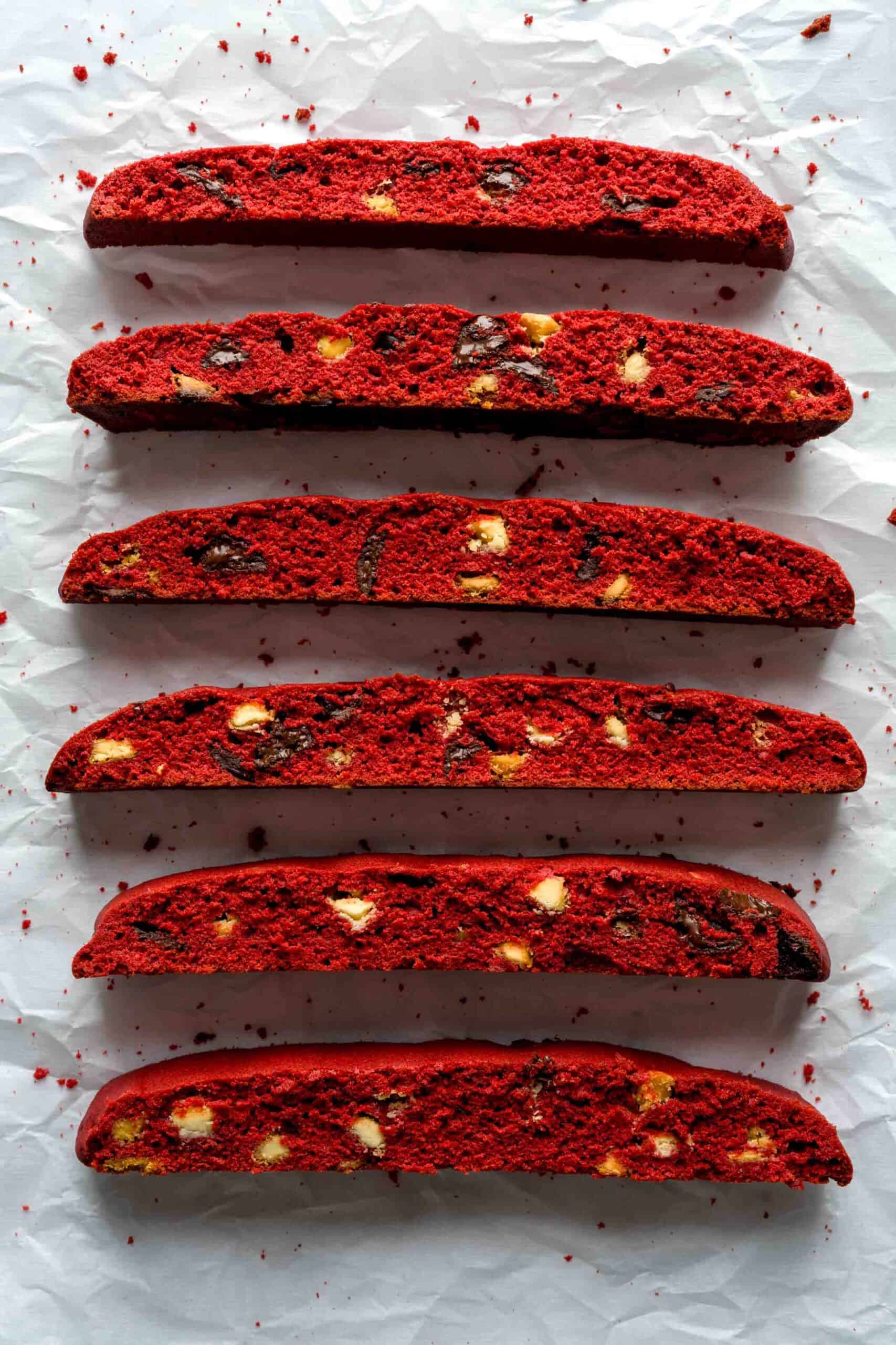 Chocolate red velvet biscotti with white chocolate chips