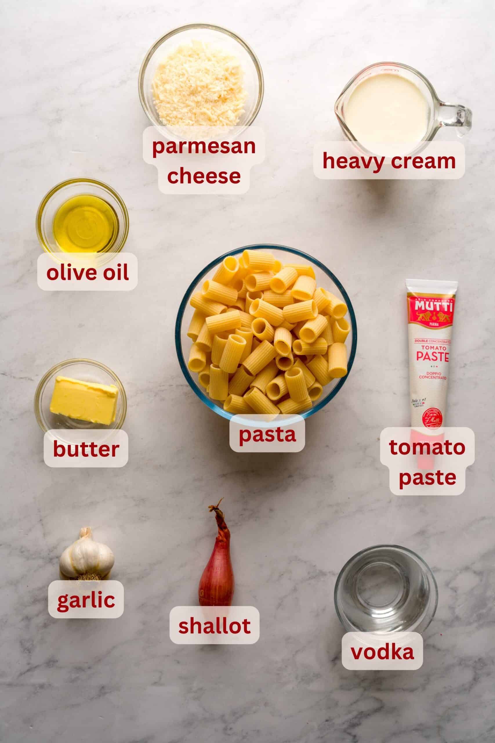 Ingredients for vodka sauce recipe.