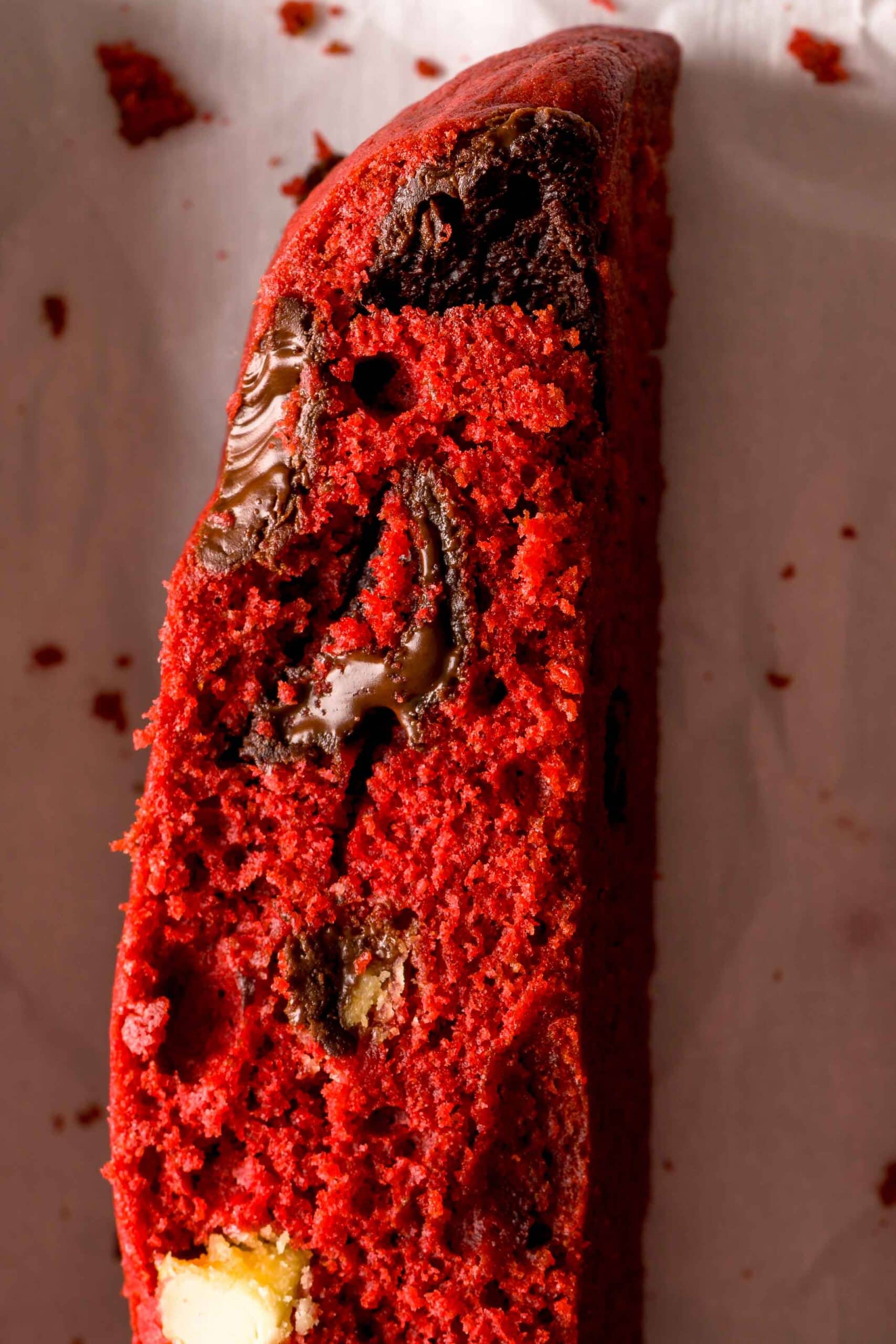 Chocolate red velvet biscotti with white chocolate chips