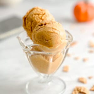 Pumpkin spice pumpkin gelato in a glass ice cream cup.